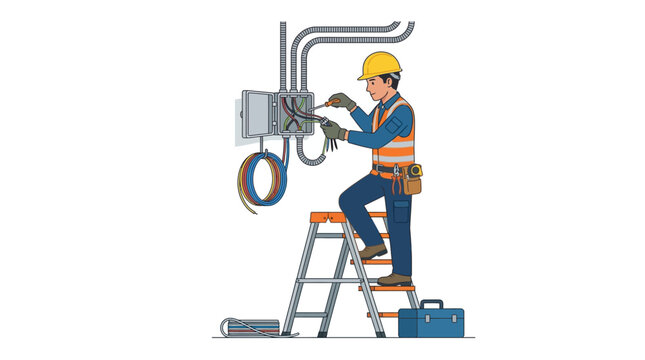 Electrician on ladder fixing electrical panel in safety gear