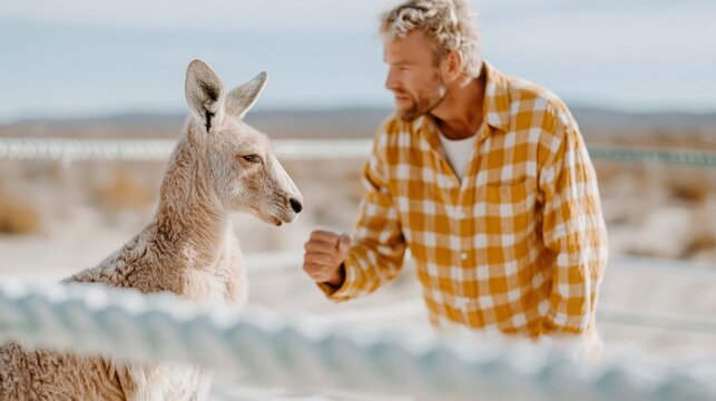 A man engages with a kangaroo in a natural setting, showcasing a unique connection between human and wildlife amid the stunning outdoors.
