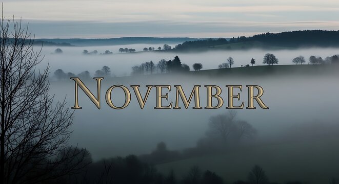 November landscape with misty hills and text atmospheric natural scenery