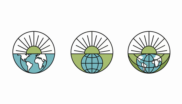 Three circular emblems depicting sun and earth.