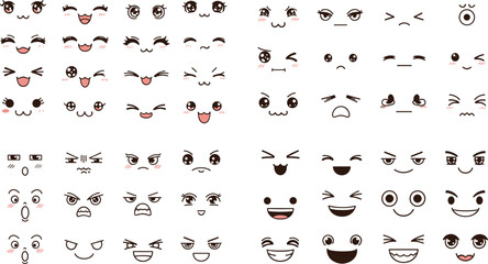 Collection of cute cartoon facial expressions with eyes and mouths isolated on white background emoji character vector illustration set