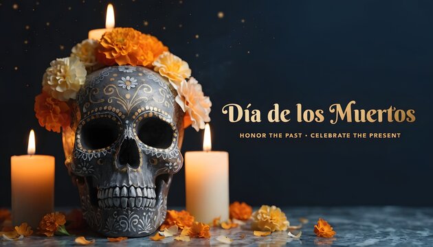 Day of the Dead skull with candles and marigolds