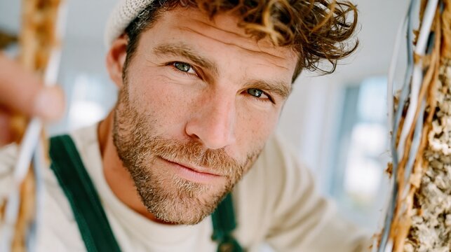 A striking bearded man with curly hair captures attention with his deep gaze, representing confidence and charisma in an intimate setting filled with natural light.
