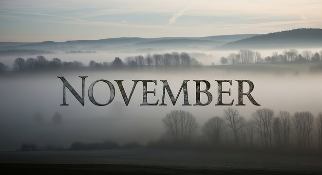 November landscape with text overlay and atmospheric fog in nature