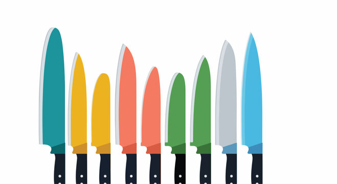 A set of colorful kitchen knives on a white background