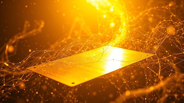 updraft. Thin metal sheets lifted by celestial golden photonic winds in space. product launch decks, UI/UX mockups, designed for product launches and innovation pitches, used by teachers.