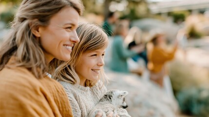 Fototapeta premium A mother smiles warmly at her young child while seated on a rock, holding a small animal, capturing a moment of joy and connection in a lively outdoor setting.