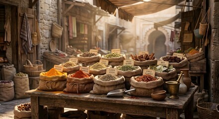 Fototapeta premium Traditional Middle Eastern Spice Bazaar Stall with Overflowing Sacks
