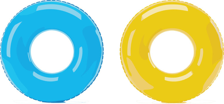 Glossy inflatable swim rings blue and yellow pool floats isolated summer vacation beach accessories vector illustration