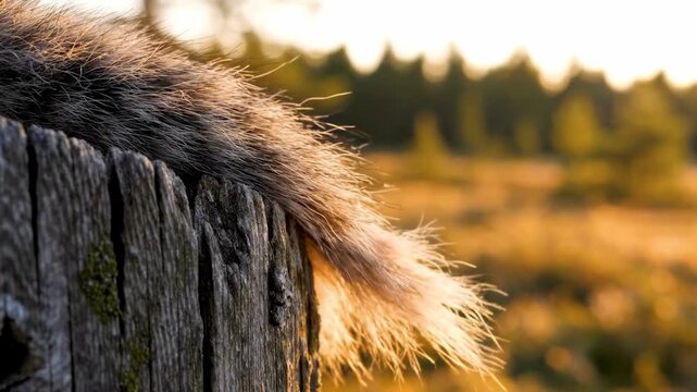 A cat's tail resting on a weathered wooden fence in a serene natural setting during sunset.