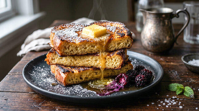 Stacked french toast slices with butter syrup and berries on wooden.