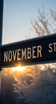 November street sign with frost against sunlit sky