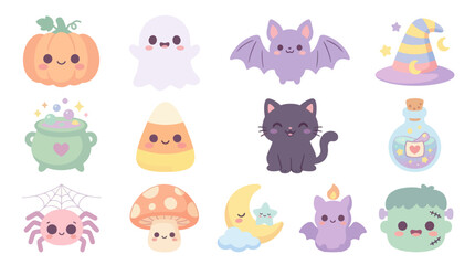 Obraz premium Cute Pastel Halloween Spooky Characters and Icons Flat Vector Set
