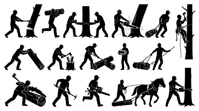 Lumberjack Logging Silhouettes: Timber Harvesting  Forestry Black Glyph Icons Set