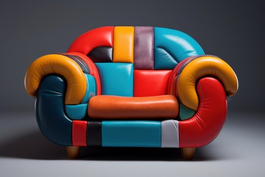 Multicolored patchwork leather armchair representing modern and quirky furniture design