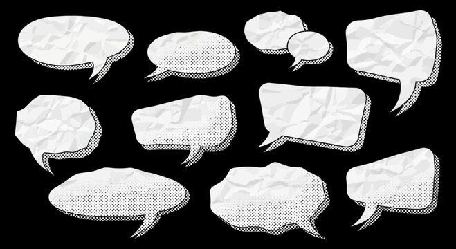 Collection of Crumpled Paper Speech Bubbles, Dialogue Boxes, Communication Icons