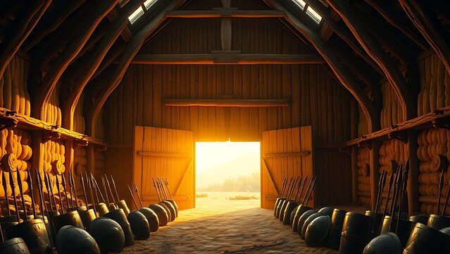longhouse. A grand Viking longhouse with open oak doors and golden light on shields outside. real-estate listings, architecture portfolios, designed for interior renovation comparisons for interiors.