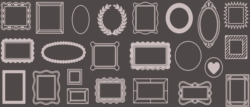 Hand drawn vector set of vintage picture frames and decorative borders including elegant swirls, laurel wreaths, circles and ornate mirror shapes.