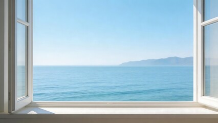 Fototapeta premium Open window view of calm sea and mountains