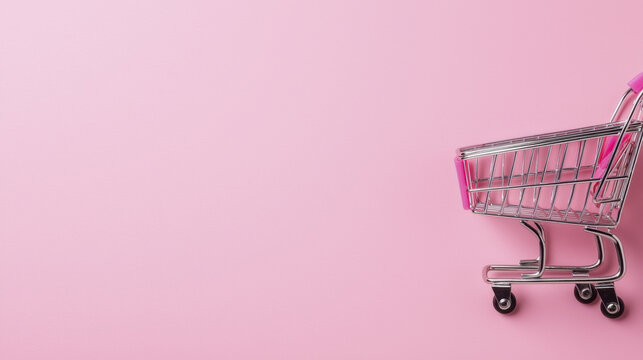 Miniature shopping cart on pastel pink background, symbolizing retail and consumerism, evokes playful shopping experience