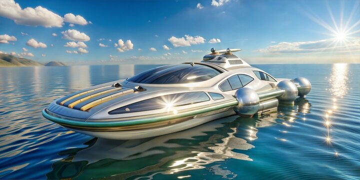A futuristic, sleek yacht with spherical pontoons gracefully gliding on sparkling blue water under a sunny, clear sky