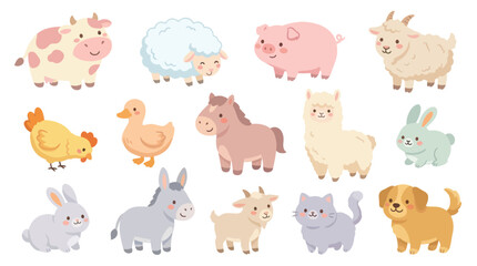 Obraz premium Cute Flat Cartoon Farm and Domestic Animals Vector Set - Illustration for Kids Education