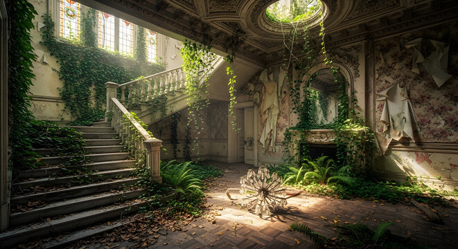 A majestic forgotten mansion slowly succumbs to nature's relentless embrace, its grand interior transformed into a breathtaking, overgrown spectacle of decaying beauty and resilient life