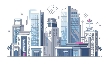 Obraz premium Illustration of a modern city skyline with sleek skyscrapers and palm trees in a stylized, monochromatic color scheme with pink accents against a white background.