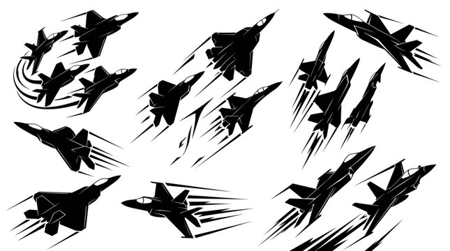 Military Aviation Fighter Jets Vector Graphic Set - Black White Silhouette Collection