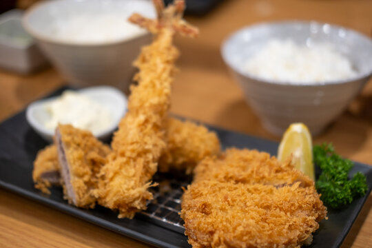 Tonkatsu, Fried Pork and shrimp serve on plate in restaurant