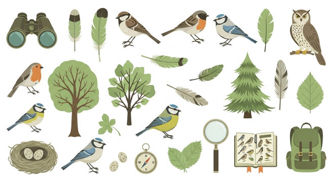 Bird Watching Vector Set with Binoculars Birds Feathers and Trees &ndash; Outdoor Nature Clipart Bundle