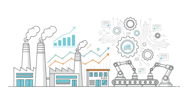 Industrial landscape with factory buildings, robotic arms, and various mechanical and statistical graphics on a white background.