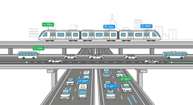 A busy cityscape with a train on an elevated track above a multi-lane highway with various vehicles, against a white background with a shallow depth of field.