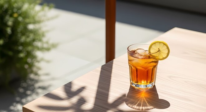 A refreshing glass of iced tea with lemon sits on a wooden table outdoors in sunlight.
