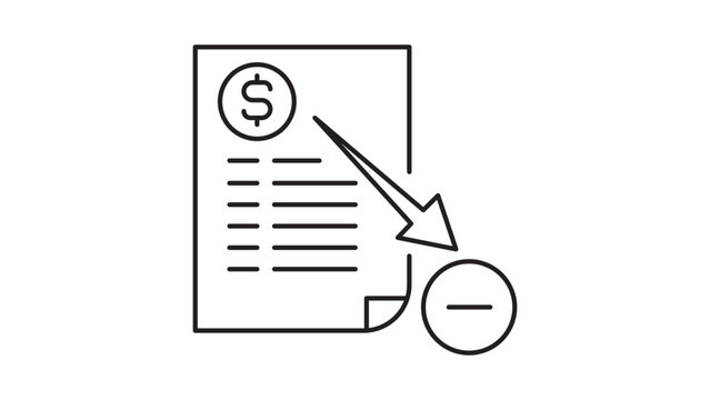 Fiscal Deficit and Budget Cut Editable Stroke Vector Icon. Minimalist black line illustration of a financial document with a downward arrow and minus sign representing negative balance and loss.