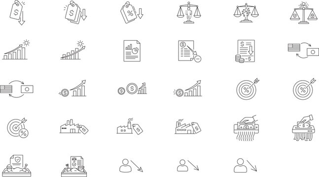 Economics and Finance Vector Icon Set with Editable Stroke: 29 Minimalist Line Icons for Inflation, Deflation, Digital Ethics, Unemployment, PPI, Fiscal Deficit, and Currency Exchange Bundle.