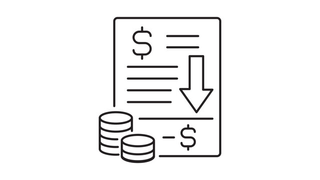 Fiscal Deficit and Budget Loss Minimalist Black Line Vector Icon on White Background, Featuring a Document with Downward Arrow and Coins, Editable Stroke Illustration for Finance and Economy.