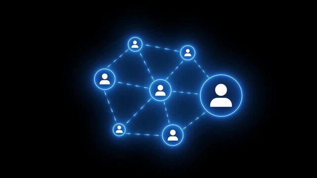 Organizational network structure with connected people icons on digital interface, showing team collaboration, stakeholder mapping, social graph, and business communication on copy space background.4k