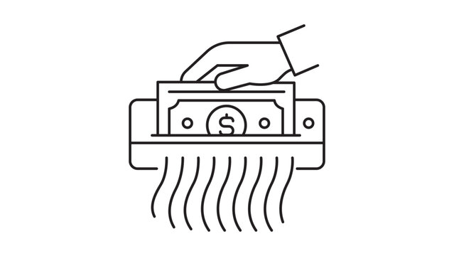 Quantitative Tightening and Money Destruction Editable Stroke Vector Icon. A minimalist black line illustration of a hand putting a dollar bill into a paper shredder on a white background.
