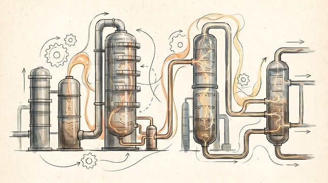 Hand-Drawn Industrial Chemical Distillation Process and Oil Refinery Workflow Illustration