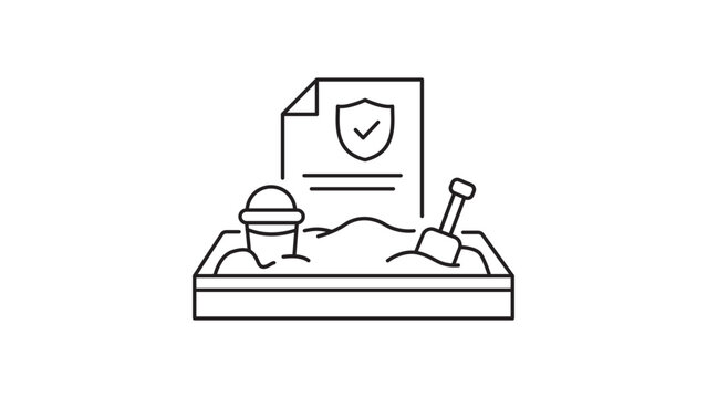 Regulatory Sandbox Concept Vector Icon Illustration with Editable Stroke. Minimalist Black Line Art of a Sandbox with Bucket, Shovel, and Security Compliance Document on White Background.