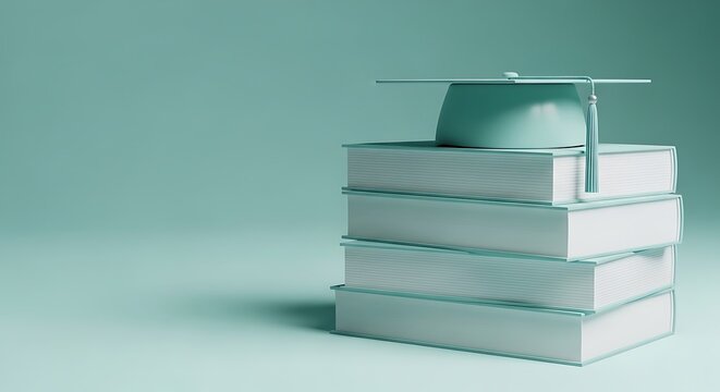 Graduation Cap on Stack of Books in a Monochromatic Minimalist Style