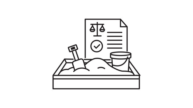 Regulatory Sandbox Concept Minimalist Black Line Vector Icon with Editable Stroke. Features a Sandbox with Shovel and Bucket Beside a Legal Compliance Document with Scales of Justice Symbol.
