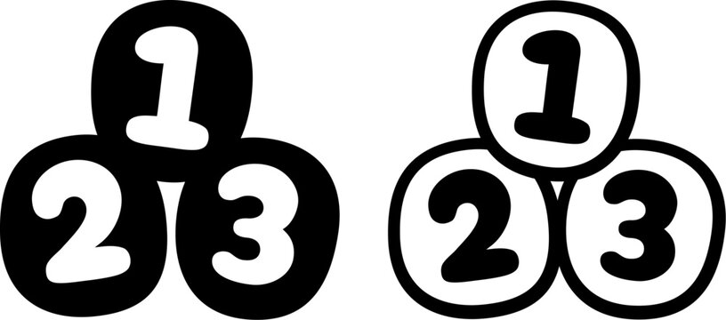 Cute cartoon 123 numbers icon, 2 styles: solid black and outline. Children education, preschool toy, school logo.