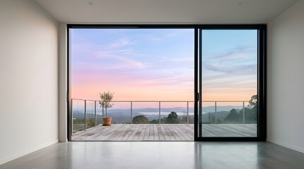 Fototapeta premium Luxury Modern Empty Interior with Large Glass Sliding Doors Opening to Spacious Wooden Deck Balcony Terrace with Breathtaking Landscape View and Colorful Twilight Sunset Sky Background