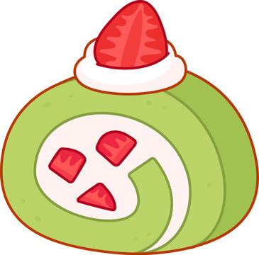 Japanese matcha strawberry cake roll dessert. Green Swiss roll filled with whipped cream and strawberries. Cartoon drawing, vector illustration.