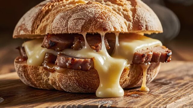 Close up of a gourmet sandwich with grilled meat and melted cheese on a crusty artisan bun.