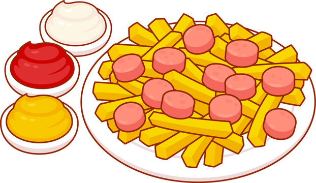 Salchipapas, traditional South American fast food with dipping sauces. Potato french fries with sliced sausages. Isolated vector clipart illustration