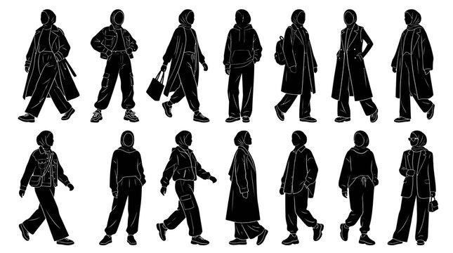 Modest Fashion Hijabi Women Outfits Silhouettes - Black  White Line Art Vector Set