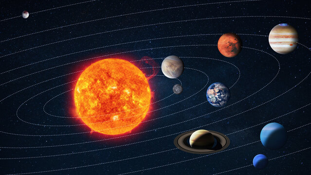 the Solar System featuring the Sun and planets in their orbits. This high-quality cosmic visualization shows celestial bodies like Earth, Mars, and Saturn in space. Space and Sun with planes, concept